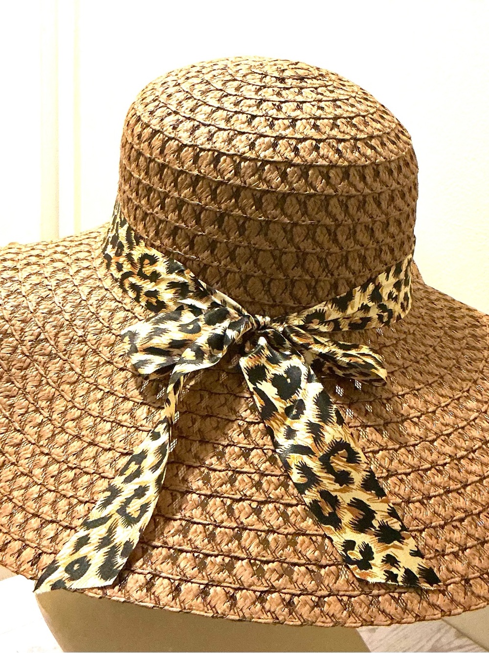Woven Brown Floppy Sun Hat with Satin Leopard Bow